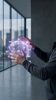 Businessperson holding glowing digital globe with network connections in modern office with city skyline view, representing global connectivity and technology innovation.