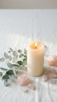 Lit cream candle with eucalyptus branch and rose quartz crystals on white wooden surface creating peaceful spa atmosphere for wellness and relaxation.