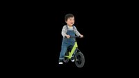 Smiling Asian toddler boy in denim overalls riding a green balance bike, isolated on transparent background, ready for clipart, stickers, and print on demand.