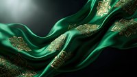 Luxurious emerald green silk fabric with golden floral embroidery flowing elegantly against dark background for premium textile and fashion design projects.