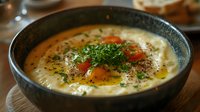Creamy polenta bowl topped with sunny side up egg, fresh herbs, cherry tomatoes and black pepper served in rustic dark bowl for breakfast or brunch.