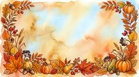 Autumn watercolor frame with pumpkins, leaves, acorns and berries creating decorative border for seasonal greeting cards, invitations and fall designs.