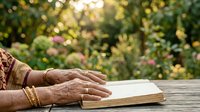 Mature woman with brown skin and gold bracelets reading open book outdoors at wooden table with blurred garden background, suitable for education and lifestyle content.