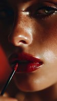 Close-up of woman with freckles applying glossy red lipstick, illuminated by warm light highlighting her green eyes and glowing skin.