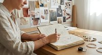 Female designer sketching jewelry concepts at wooden desk with inspiration board and design materials in bright creative workspace.