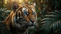 Majestic tiger with piercing blue eyes surrounded by tropical palm leaves in dappled sunlight. Wild cat portrait showcasing natural beauty and power.