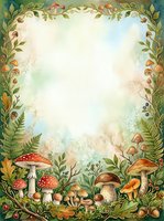 Vintage botanical frame with mushrooms, ferns, and foliage border on cream background. Watercolor woodland design with copy space for invitations, cards, and creative projects.