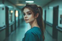 Young woman with ponytail in teal scrubs standing in hospital corridor with moody teal lighting, conveying determination and confidence in healthcare setting.