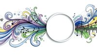 Colorful musical notes and swirls flow around white circle frame on transparent background. Abstract music design for logos, banners and creative projects.