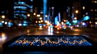 Financial market data displayed on mobile device screen with blurred urban nighttime cityscape background showing colorful bokeh lights and skyscrapers.