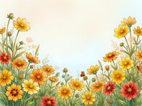 Vibrant wildflower meadow border with yellow and orange cosmos blooms on soft gradient background for spring summer designs and botanical projects.