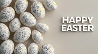 White Easter eggs decorated with delicate black and gold speckled pattern arranged on neutral background with Happy Easter text greeting in modern typography.
