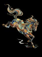 Ornate armored horse galloping with flowing mane, rich teal and gold details, isolated on transparent background, ready for stickers, sublimation, and t-shirt design.