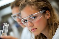 Young female scientist in protective eyewear examining test tube in laboratory setting. Focused expression shows dedication to scientific research.