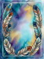 Ornate feathers arranged in horseshoe frame with watercolor wash background in blue, purple, and gold tones. Decorative feather border design for invitations, greeting cards, and artistic projects.