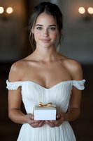 Young woman in white off-shoulder pleated dress holding small white gift box with gold bow. Soft bokeh lighting creates romantic atmosphere for wedding or celebration concept.