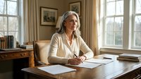Mature woman with long gray hair and light skin tone, wearing a cream-colored blouse, seated at wooden desk writing in office with large windows and traditional decor. Suitable for business, professional, and corporate concepts.