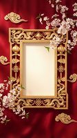 Ornate golden Chinese frame with dragon motifs and cherry blossoms on red silk background for lunar new year celebrations and traditional Asian design projects.