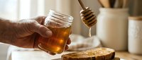 Closeup of male hand holding jar of golden honey with wooden dipper drizzling over toast slice in bright kitchen setting for food and breakfast use.