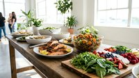 Healthy buffet spread with fresh salads, grilled meats and vegetables on wooden table in bright modern kitchen for entertaining guests and family meals.