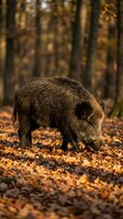 Wild boar foraging among fallen autumn leaves in forest habitat during golden hour light creating warm atmospheric wildlife scene.