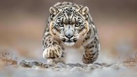 Snow leopard prowling forward with intense stare and focused hunting posture against blurred natural background, displaying powerful predatory movement.