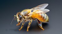 Detailed macro shot of honey bee covered in pollen, side view showing wings, legs and body segments against dark background. For nature and wildlife projects.