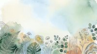 Watercolor botanical garden with layered plants, ferns, and wildflowers in soft green, blue, and golden tones. Isolated design element for backgrounds and creative projects.