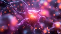 Glowing neuron cell with electrical synaptic connections on purple and orange background with bokeh effect, showing neural network activity in brain tissue.