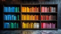 Books arranged by color in rainbow spectrum on dark wooden bookshelf creating vibrant gradient display against rustic wall, modern library interior design concept.