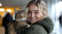 Young blonde woman in green winter coat holding and cuddling with striped tabby cat, both looking at camera with happy expressions. Indoor lifestyle portrait.