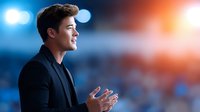 Young professional businessman in dark suit presenting with confident gestures against colorful bokeh lights background for corporate presentations.