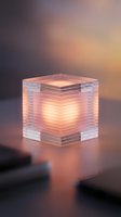 Translucent acrylic cube with warm golden light glowing from interior, layered frosted glass effect creating modern minimalist aesthetic for contemporary design projects.
