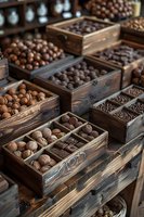 Rustic wooden boxes filled with assorted chocolate truffles, nuts, and confectionery displayed in rows at artisanal candy shop, creating gourmet food atmosphere.