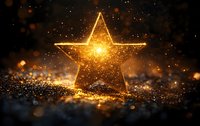 Glowing golden star on dark background with magical sparkles and bokeh lights creating festive atmosphere for holiday designs.