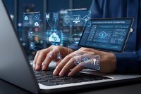 Business professional using laptop with digital cloud computing interface displaying data analytics, cybersecurity icons and network connectivity solutions.