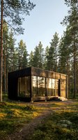 Modern black cabin with large windows nestled among tall pine trees in forest setting, featuring minimalist architecture and sustainable woodland retreat design.