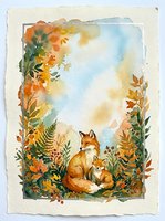 Watercolor autumn fox family with baby kit surrounded by fall foliage frame on textured paper background for seasonal greeting cards and nursery decor.