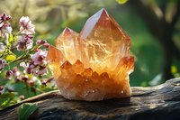 Glowing citrine crystal cluster on natural wood with pink spring blossoms in soft sunlight, showcasing mineral formation and spiritual healing properties.