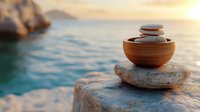 Zen stones balanced on rock by tranquil ocean water at golden sunset creating peaceful meditation atmosphere for wellness and mindfulness practices.