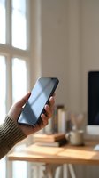 Hand holding a smartphone with blank screen in a bright home office workspace, mockup ready for app or mobile UI display.