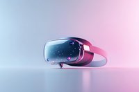 Virtual reality headset with cosmic space reflection in lenses against gradient blue and pink background, modern gaming technology concept.