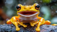 Vibrant yellow tree frog with large eyes and white belly sits on wet surface, macro photography showing detailed texture of amphibian skin in natural habitat.