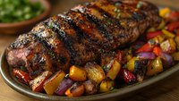 Grilled pork tenderloin with charred grill marks served on rustic plate with colorful roasted vegetables including bell peppers, onions and potatoes in warm lighting.