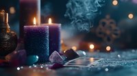 Mystical candles burning with crystals and incense smoke creating atmospheric spiritual meditation scene with warm bokeh lights for relaxation rituals.