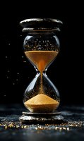 Golden sand flowing through vintage hourglass against dark background with scattered glittering particles, dramatic lighting creates mystical atmosphere.