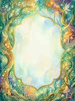 Watercolor fairy tale forest frame with magical plants, mushrooms and ornate golden border on light background for fantasy designs and storytelling projects.