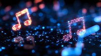 Glowing pink musical notes floating on dark background with blue bokeh lights and sparkles create magical atmosphere for music-related designs and presentations.