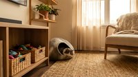 Cozy living room with a cat resting inside a felt cave bed on a jute rug, wooden shelves, wicker baskets, and soft natural light.