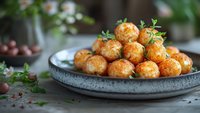 Golden fried cheese balls garnished with fresh herbs served on a ceramic plate, perfect for food photography, culinary blogs, restaurant menus, and appetizer content.